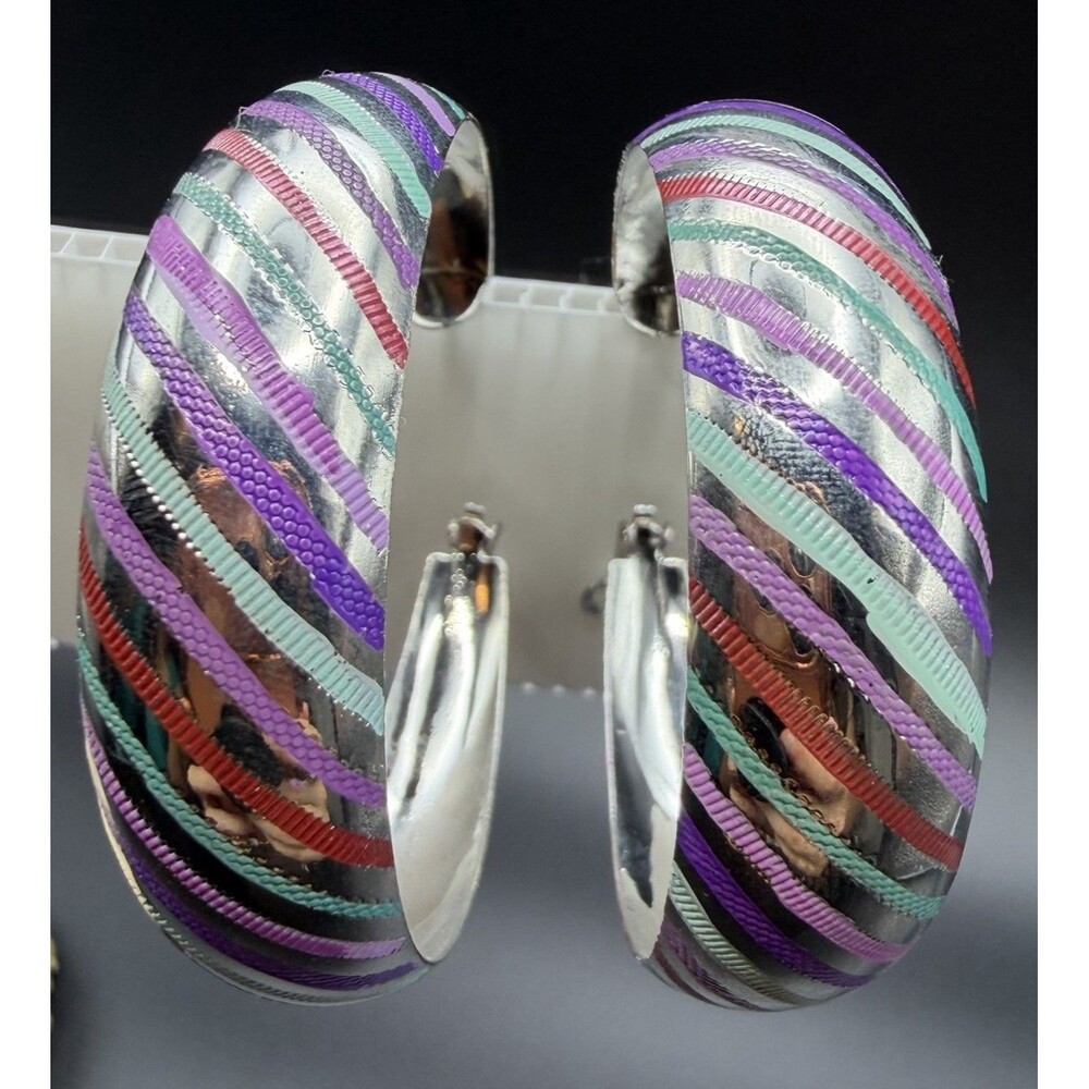 Vintage Silver Tone Striped Enamel Hoop Earrings Chunky Purple Teal Retro Mod